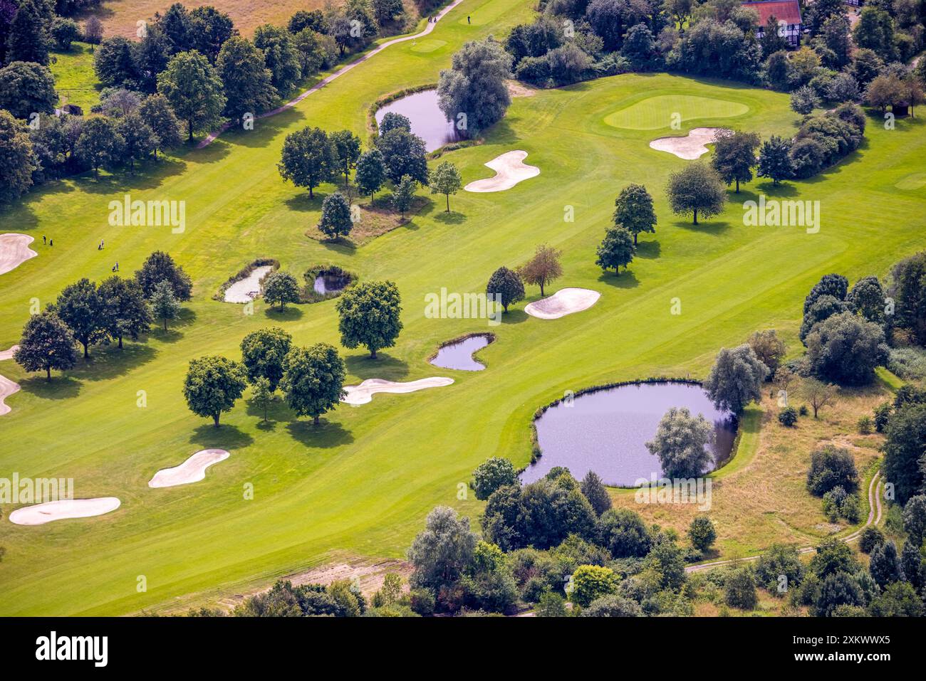 Luftbild, Golfplatz Golfclub Mülheim an der Ruhr e.V., Wiese und Golf-Bunker und Golfspieler, Saarn - Süd, Mülheim an der Ruhr, Ruhrgebiet, Nordrhein-Westfalen, Deutschland ACHTUNGxMINDESTHONORARx60xEURO ** Vista aerea, campo da golf Golfclub Mülheim Süd an der Mülheim Ruhr e V Ruhrgebiet, Nordrhein Westfalen, Germania ACHTUNGxMINDESTHONORARx60xEURO Foto Stock