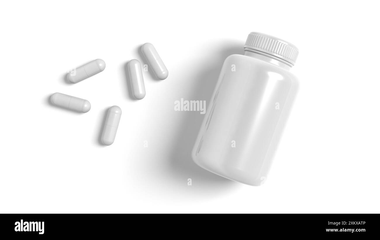 Flacone di pillole isolato su sfondo bianco. Mockup. Vuoto. illustrazione 3d. Foto Stock