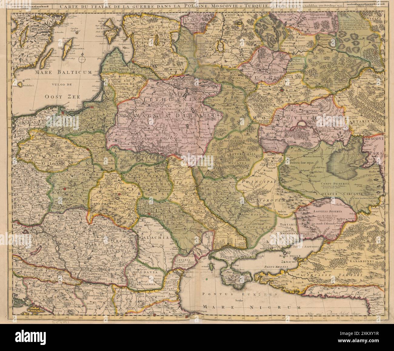 Mappa d'epoca. Mappa del teatro di guerra in Polonia, Mosca e Turchia. Intitolato "carte du Theatre de la Guerre dans la Pologne Moscou et Turquie" di Pieter Schenck, II, 1733 circa Foto Stock