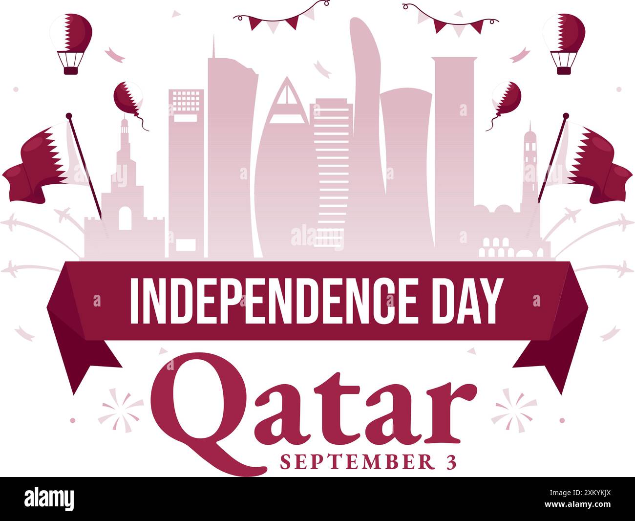 Happy Qatar Independence Day illustrazione vettoriale per il 3 settembre con una bandiera e un nastro ondulati su sfondo di cartone animato piatto Illustrazione Vettoriale Happy Qatar Independence Day illustrazione vettoriale per il 3 settembre con una bandiera e un nastro ondulati su sfondo di cartone animato piatto Illustrazione Vettoriale
