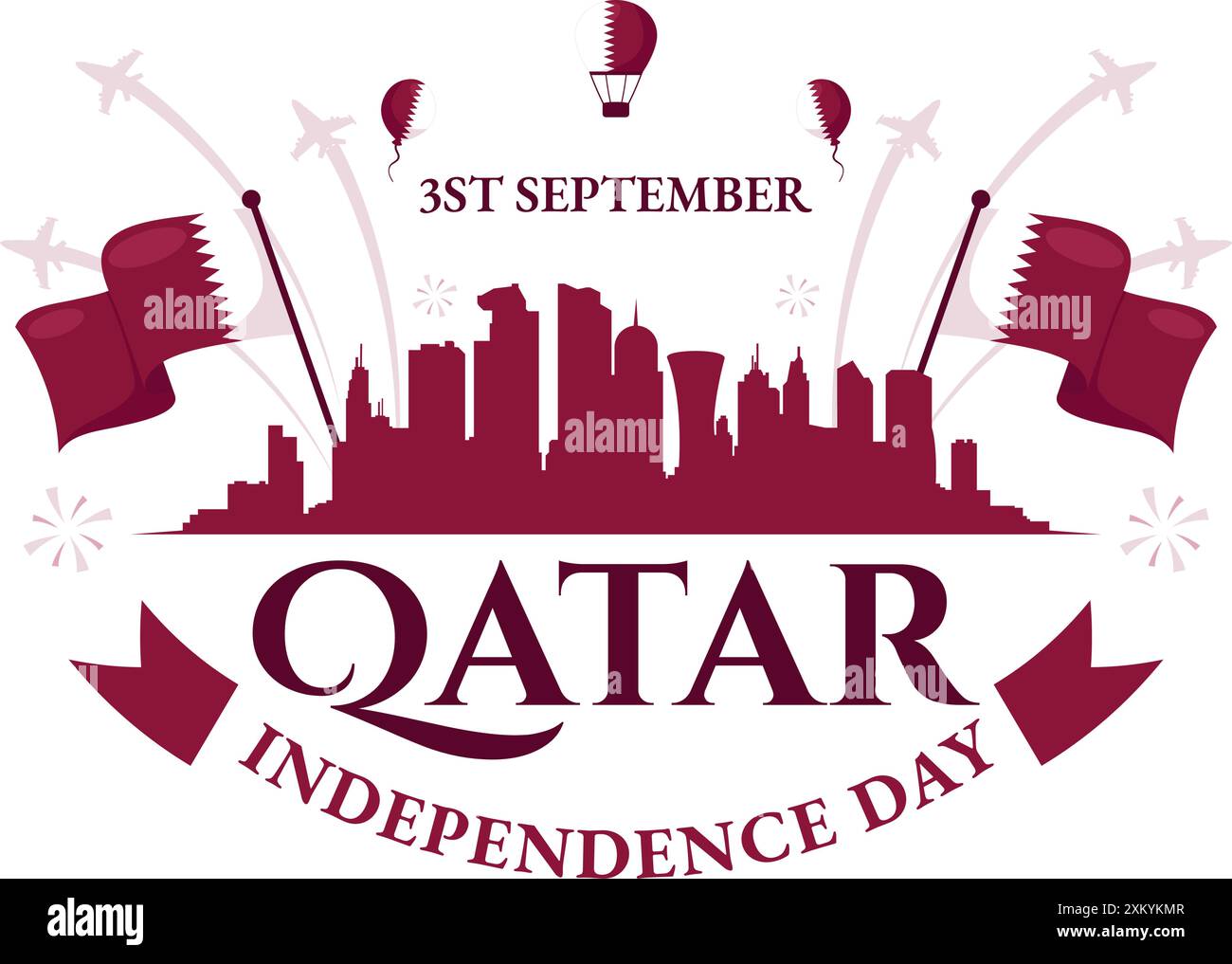 Happy Qatar Independence Day illustrazione vettoriale per il 3 settembre con una bandiera e un nastro ondulati su sfondo di cartone animato piatto Illustrazione Vettoriale Happy Qatar Independence Day illustrazione vettoriale per il 3 settembre con una bandiera e un nastro ondulati su sfondo di cartone animato piatto Illustrazione Vettoriale