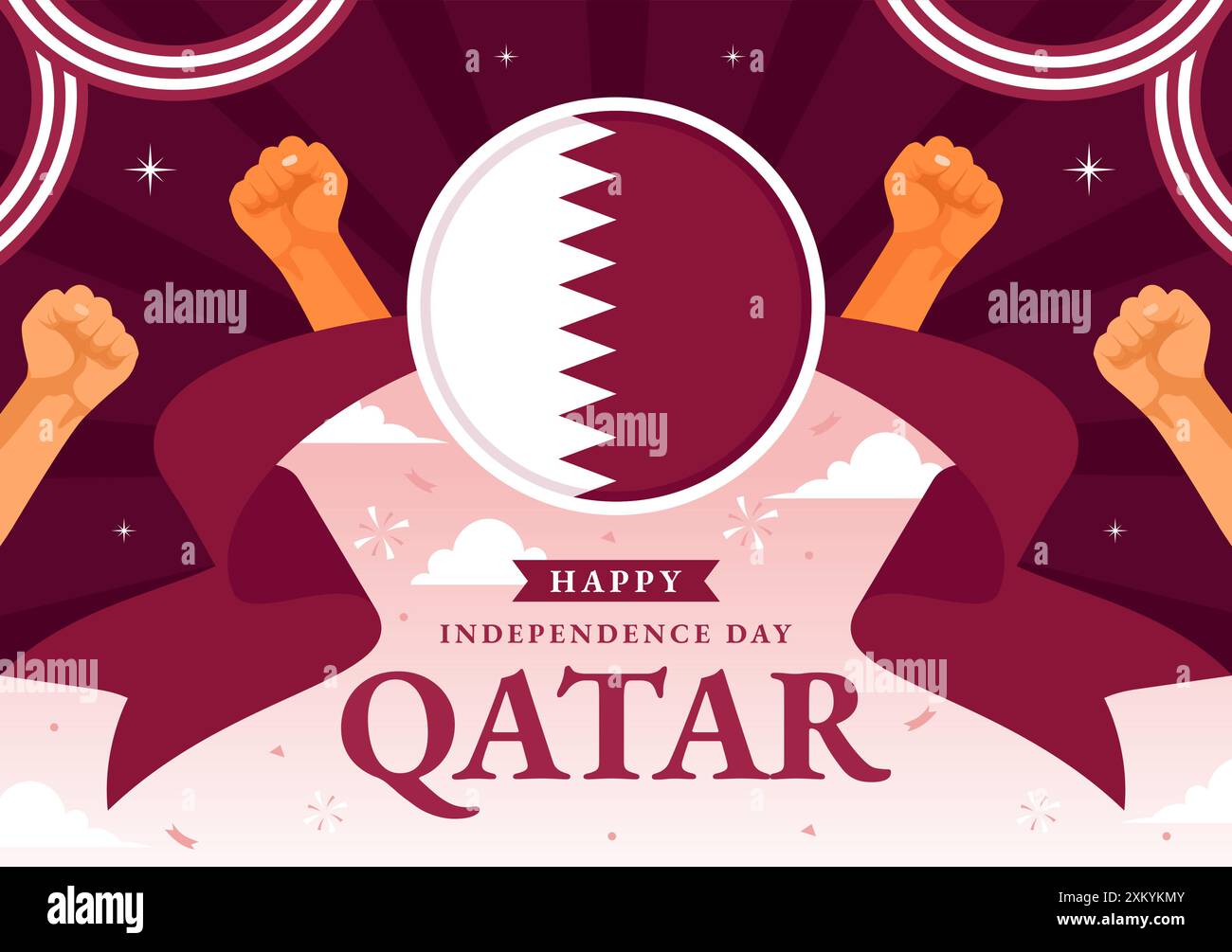 Happy Qatar Independence Day illustrazione vettoriale per il 3 settembre con una bandiera e un nastro ondulati su sfondo di cartone animato piatto Illustrazione Vettoriale Happy Qatar Independence Day illustrazione vettoriale per il 3 settembre con una bandiera e un nastro ondulati su sfondo di cartone animato piatto Illustrazione Vettoriale