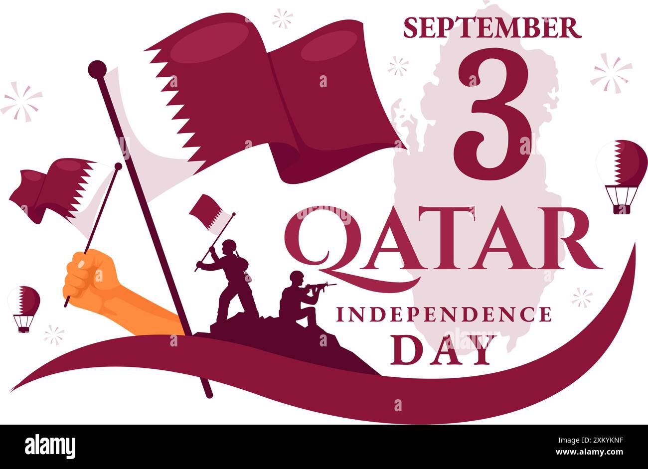 Happy Qatar Independence Day illustrazione vettoriale per il 3 settembre con una bandiera e un nastro ondulati su sfondo di cartone animato piatto Illustrazione Vettoriale