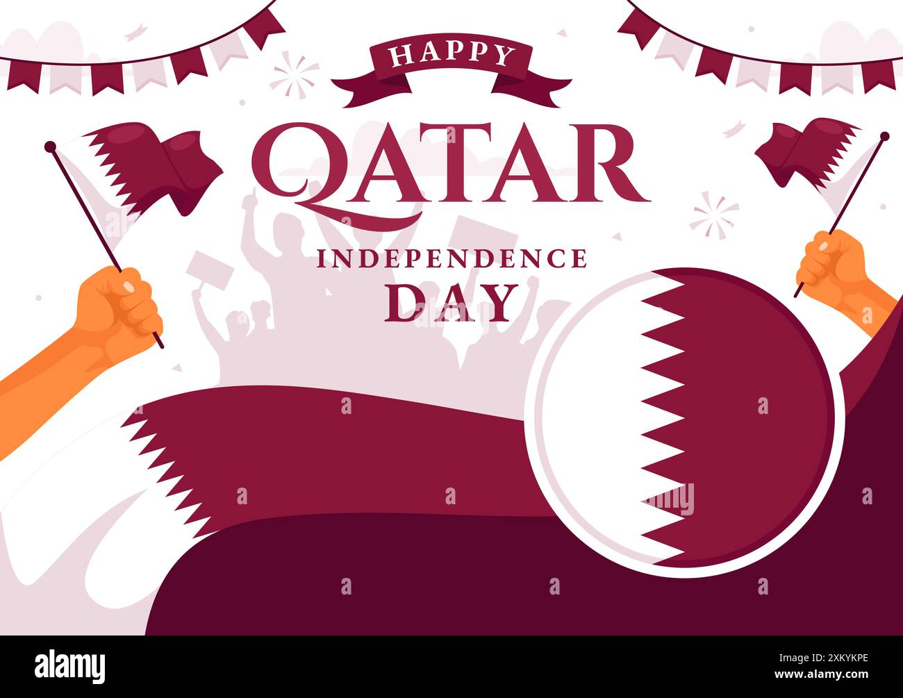 Happy Qatar Independence Day illustrazione vettoriale per il 3 settembre con una bandiera e un nastro ondulati su sfondo di cartone animato piatto Illustrazione Vettoriale Happy Qatar Independence Day illustrazione vettoriale per il 3 settembre con una bandiera e un nastro ondulati su sfondo di cartone animato piatto Illustrazione Vettoriale