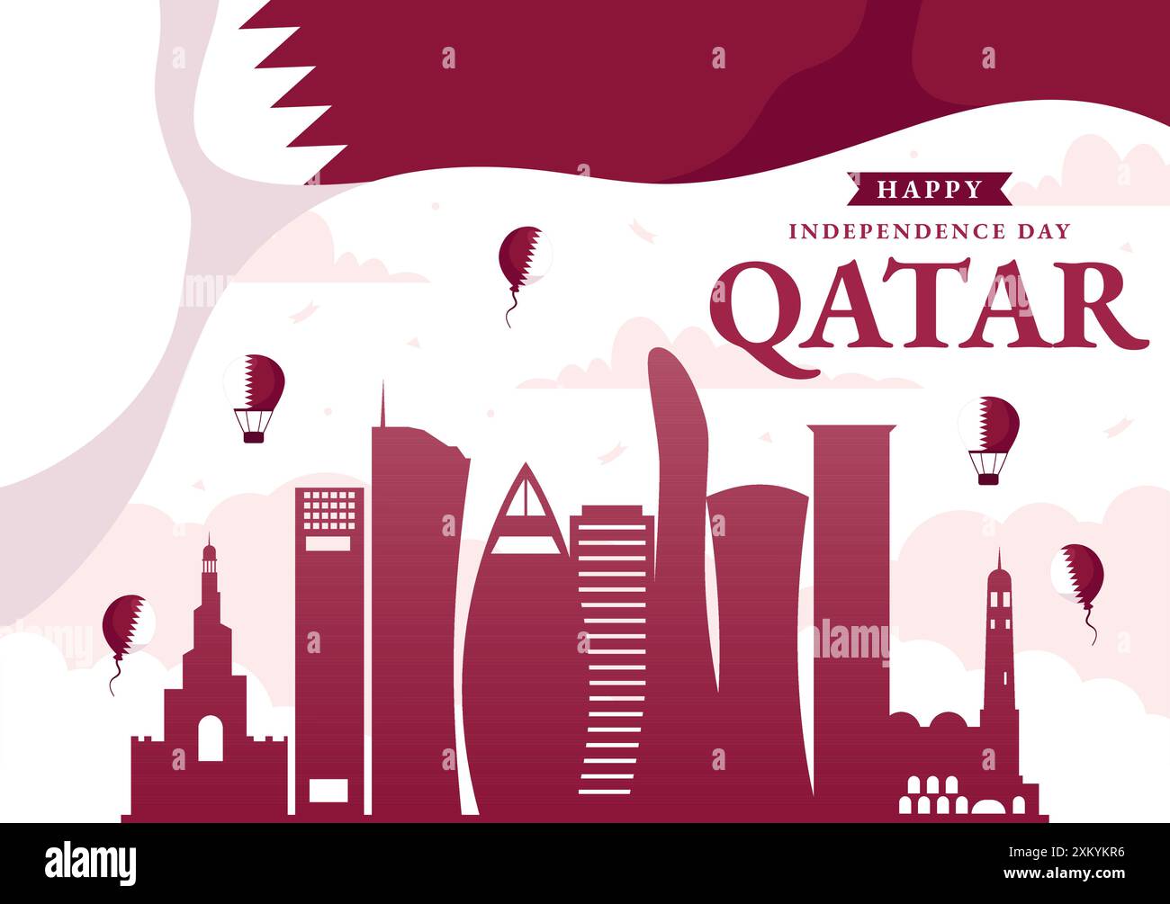 Happy Qatar Independence Day illustrazione vettoriale per il 3 settembre con una bandiera e un nastro ondulati su sfondo di cartone animato piatto Illustrazione Vettoriale Happy Qatar Independence Day illustrazione vettoriale per il 3 settembre con una bandiera e un nastro ondulati su sfondo di cartone animato piatto Illustrazione Vettoriale