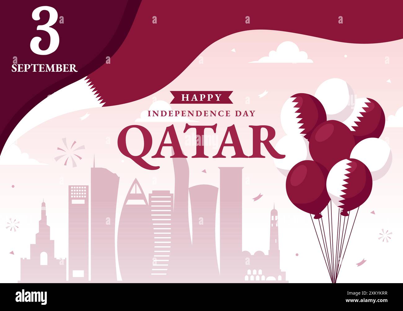 Happy Qatar Independence Day illustrazione vettoriale per il 3 settembre con una bandiera e un nastro ondulati su sfondo di cartone animato piatto Illustrazione Vettoriale Happy Qatar Independence Day illustrazione vettoriale per il 3 settembre con una bandiera e un nastro ondulati su sfondo di cartone animato piatto Illustrazione Vettoriale