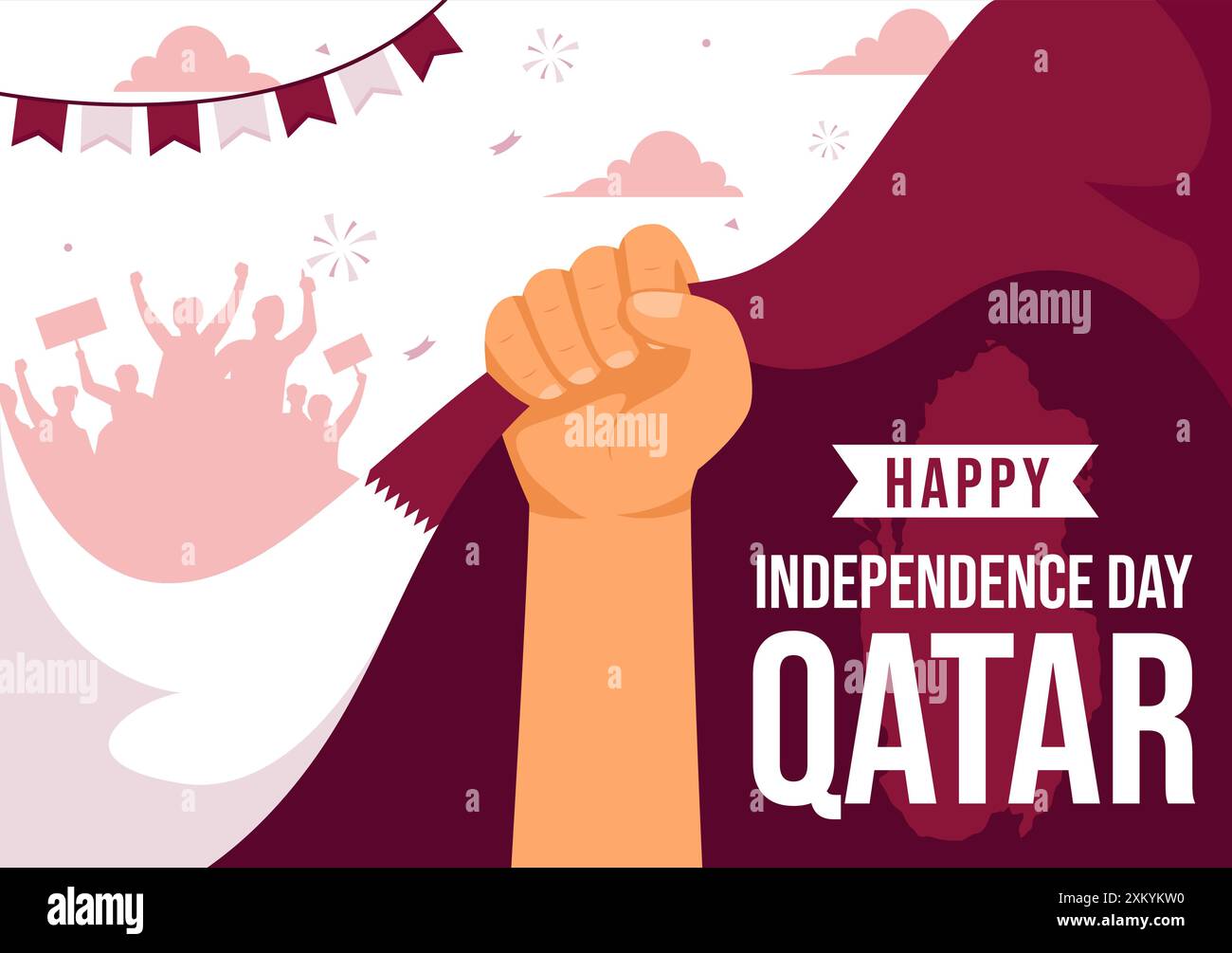 Happy Qatar Independence Day illustrazione vettoriale per il 3 settembre con una bandiera e un nastro ondulati su sfondo di cartone animato piatto Illustrazione Vettoriale Happy Qatar Independence Day illustrazione vettoriale per il 3 settembre con una bandiera e un nastro ondulati su sfondo di cartone animato piatto Illustrazione Vettoriale