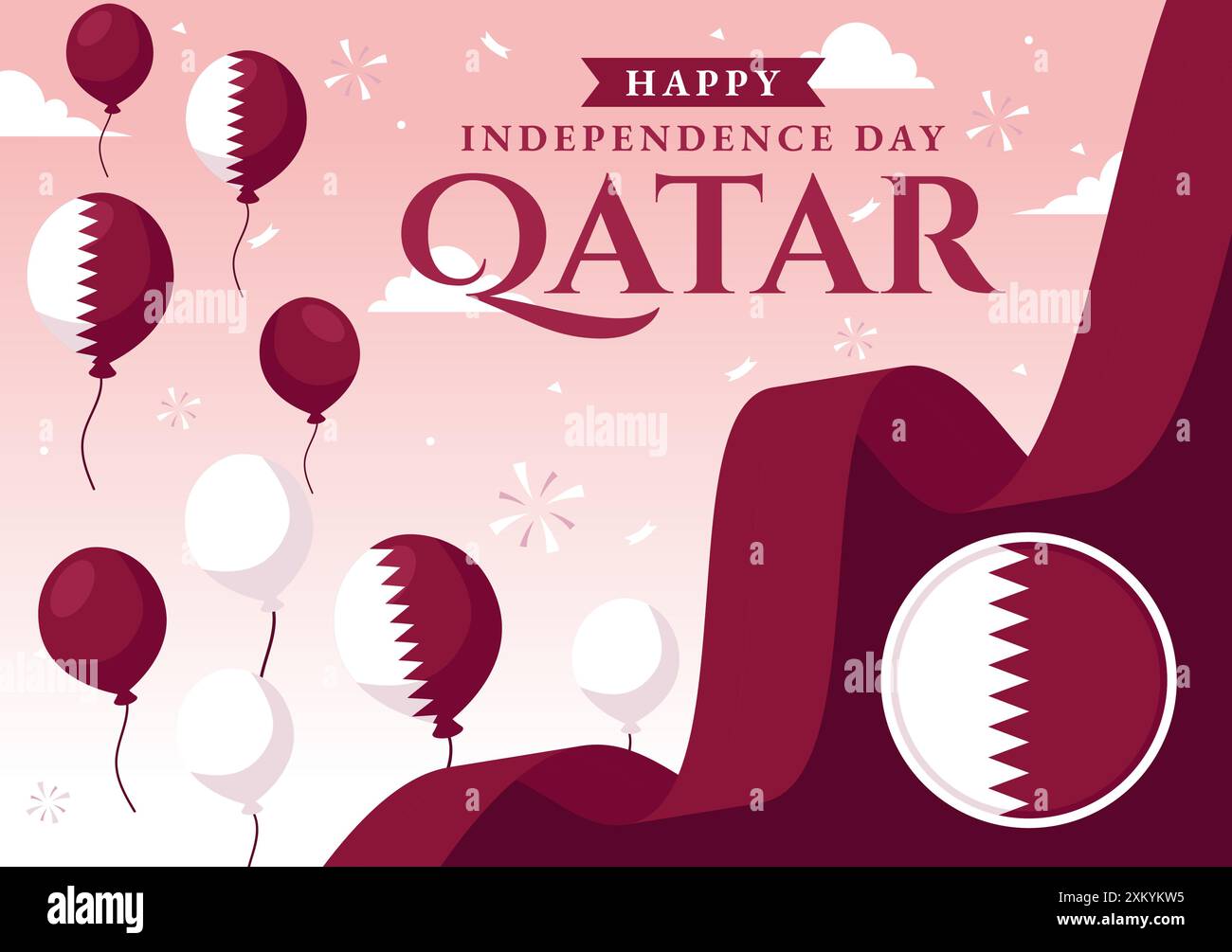 Happy Qatar Independence Day illustrazione vettoriale per il 3 settembre con una bandiera e un nastro ondulati su sfondo di cartone animato piatto Illustrazione Vettoriale Happy Qatar Independence Day illustrazione vettoriale per il 3 settembre con una bandiera e un nastro ondulati su sfondo di cartone animato piatto Illustrazione Vettoriale