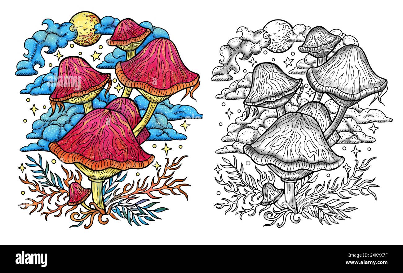 Funghi mistici celesti con elementi decorativi magici e floreali, simboli di stregoneria isolati sul bianco. Oggetti esoterici e strepitosi, tatuaggi Foto Stock