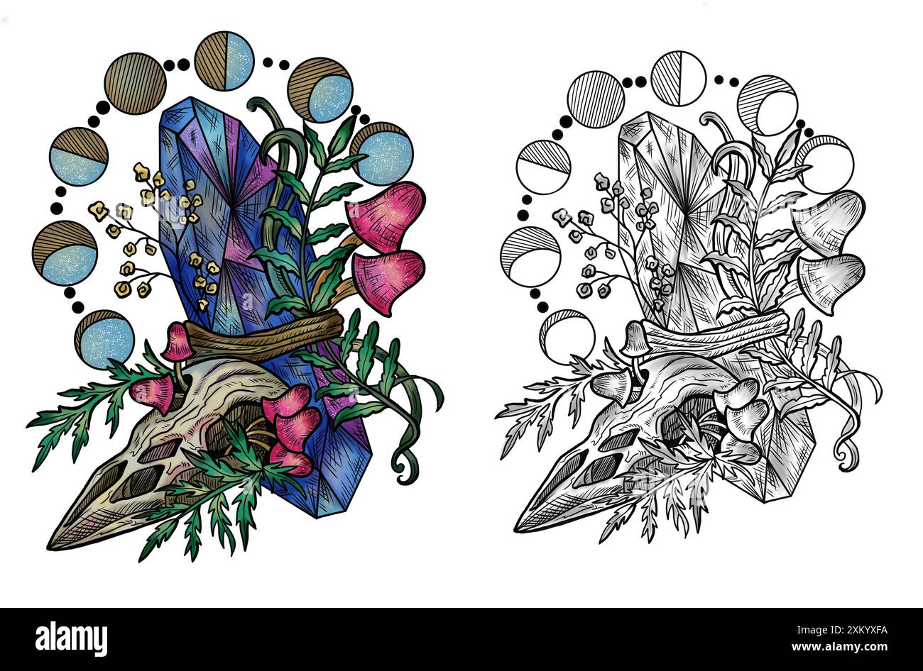 Funghi mistici celesti con elementi decorativi magici e floreali, teschio, simboli di stregoneria isolati sul bianco. Oggetti esoterici e spiritosi, Foto Stock