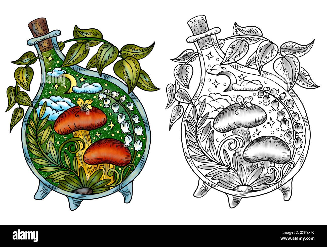 Funghi mistici celesti con elementi decorativi magici e floreali, bottiglia, simboli di stregoneria isolati sul bianco. Oggetti esoterici e spiritosi Foto Stock