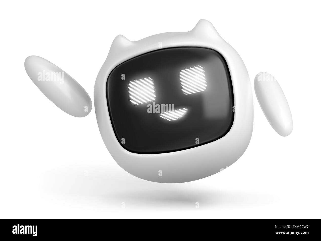 Robot chatbot isolato su sfondo bianco. Illustrazione vettoriale realistica del personaggio 3d ai bot che ondeggia la mano, sorridente volto a LED sul display, assistente del servizio di assistenza, simpatica mascotte informatica Illustrazione Vettoriale