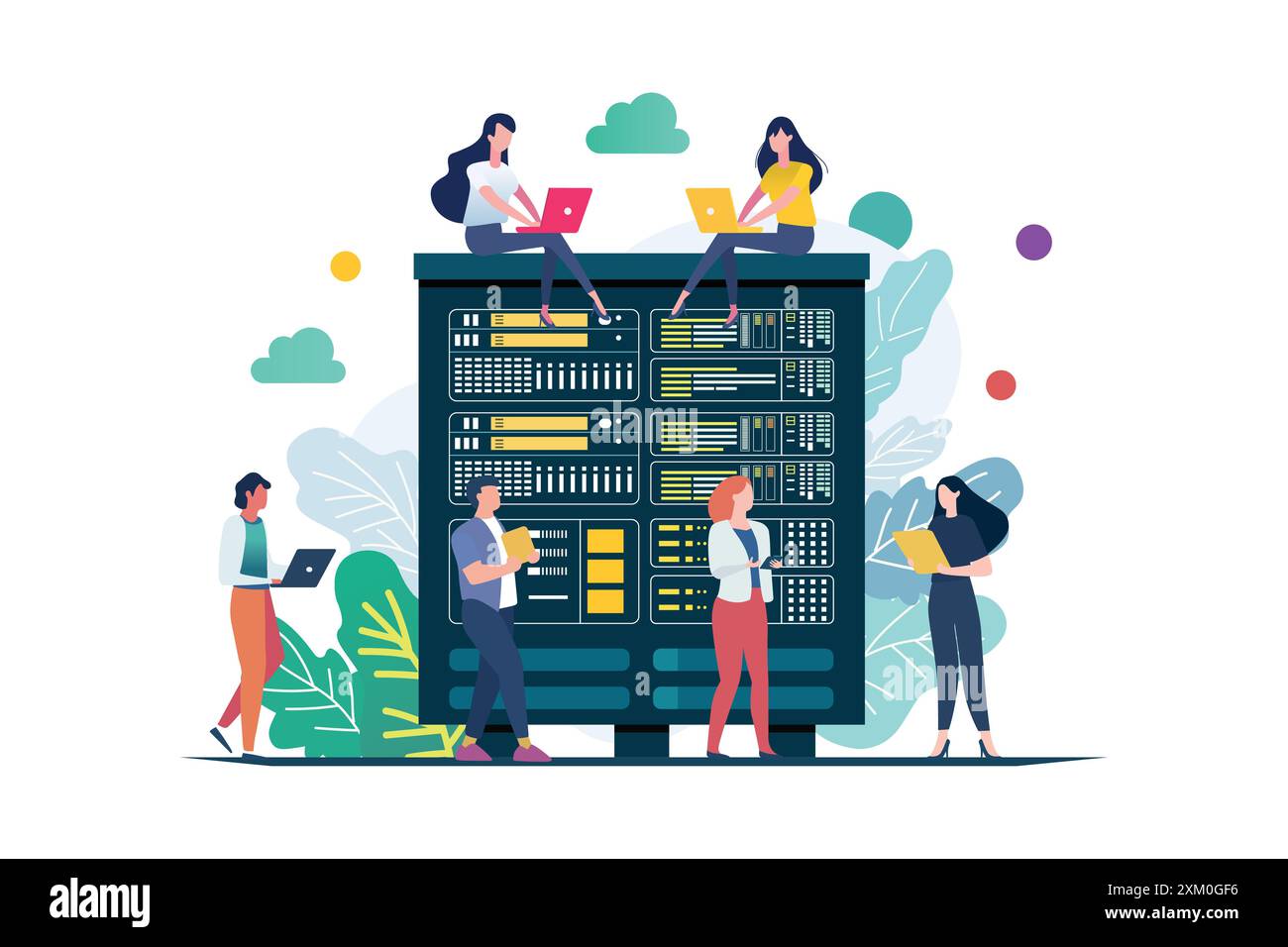 Il tecnico lavora in un'enorme sala server. memorizzazione dei dati. archiviazione su cloud. illustrazione piatta della tecnologia di elaborazione. Illustrazione Vettoriale Il tecnico lavora in un'enorme sala server. memorizzazione dei dati. archiviazione su cloud. illustrazione piatta della tecnologia di elaborazione. Illustrazione Vettoriale