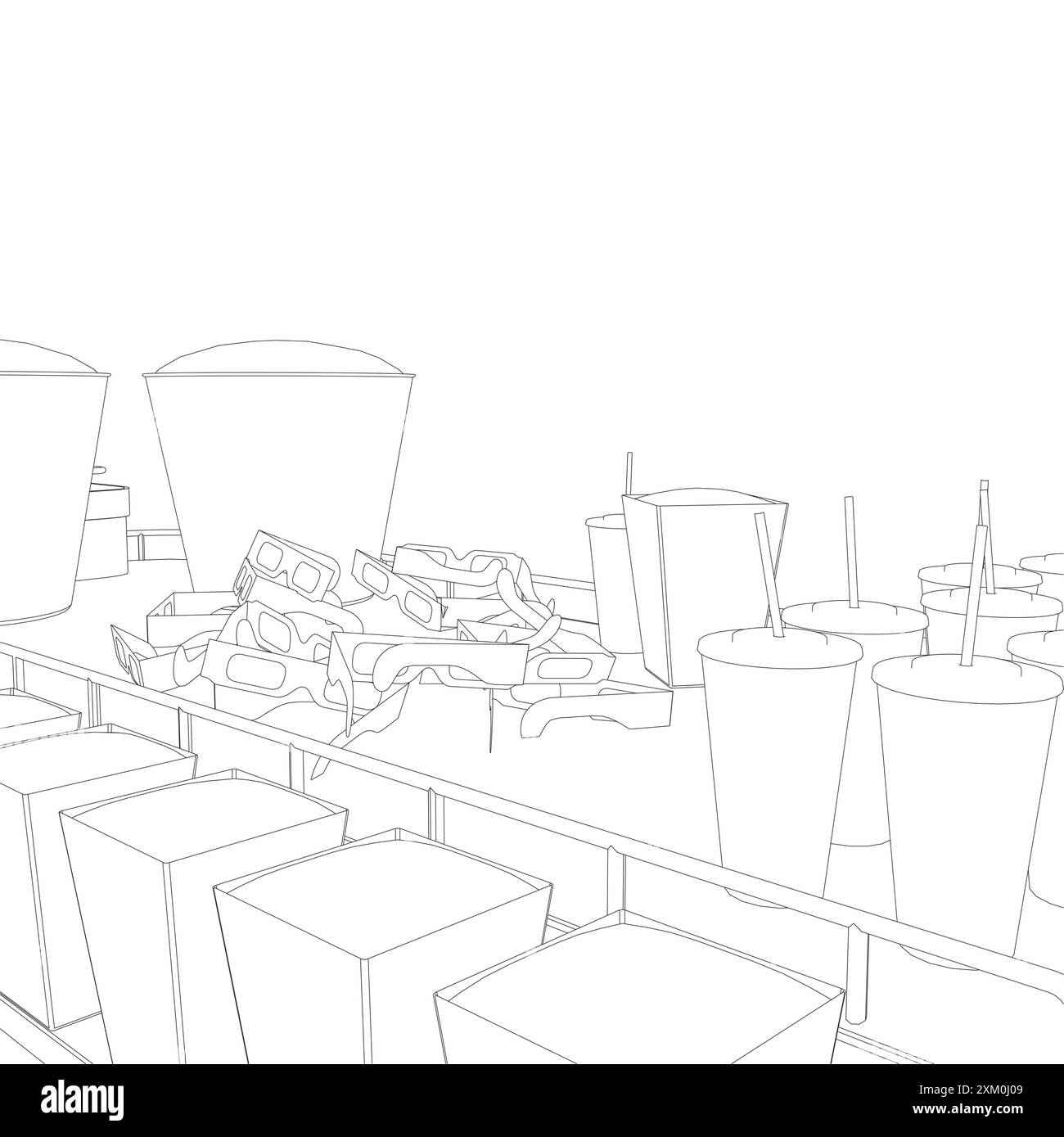 Contorno delle confezioni con popcorn, bicchieri con soda, bicchieri da cinema con linee nere isolate su sfondo bianco. Illustrazione vettoriale. Illustrazione Vettoriale