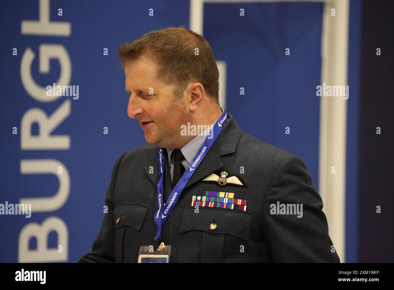 Farnborough, Regno Unito. 24 luglio 2024. Il Farnborough International Airshow 2024 ospita i principali innovatori del settore aerospaziale, aeronautico e della difesa e non solo. Il capitano del gruppo Andy Beasant allo spettacolo. Foto Stock