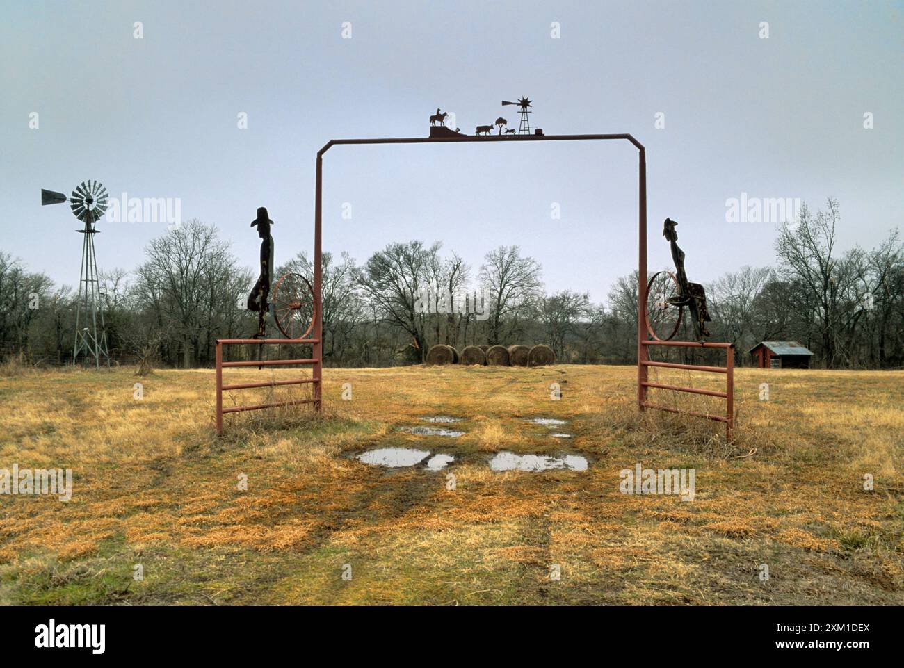Cancello del ranch in ferro battuto sull'autostrada TX 19 vicino a Cooper nella contea di Delta, Texas orientale, Stati Uniti Foto Stock