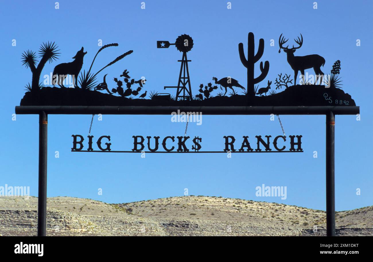 Insegna in ferro battuto all'ingresso del ranch vicino a Marathon sull'autostrada U.S. 90 a Stockton Plateau nella contea di Brewster, Texas, USA Foto Stock