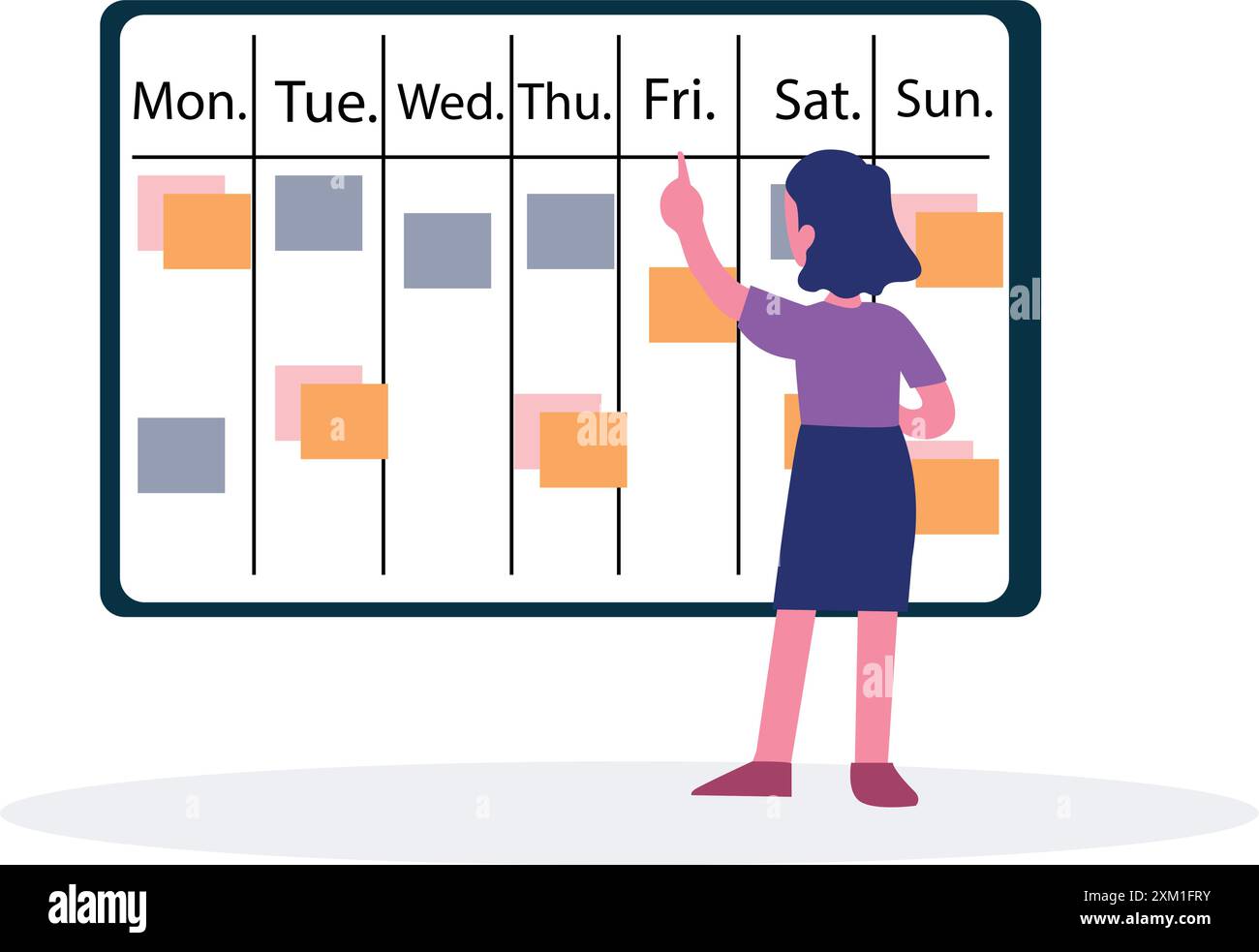Illustrazione piatta della vista posteriore dei piani di marketing digitale sul calendario per le strategie aziendali. Illustrazione Vettoriale