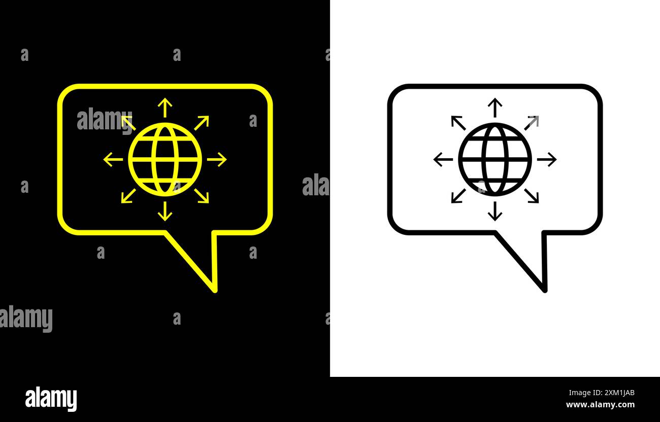 Icona di dialogo, icona della linea del globo. Icona globo terrestre nel riquadro della citazione. Illustrazione Vettoriale