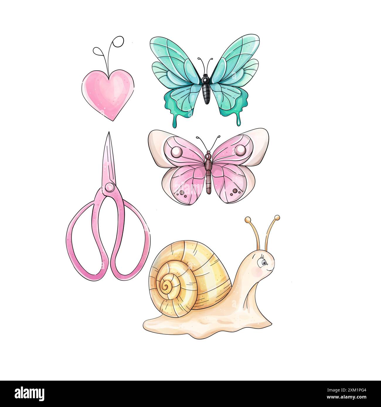 Set di acquerelli con farfalla, lumaca. Fauna selvatica romantica. Insetti da giardino primaverili Foto Stock