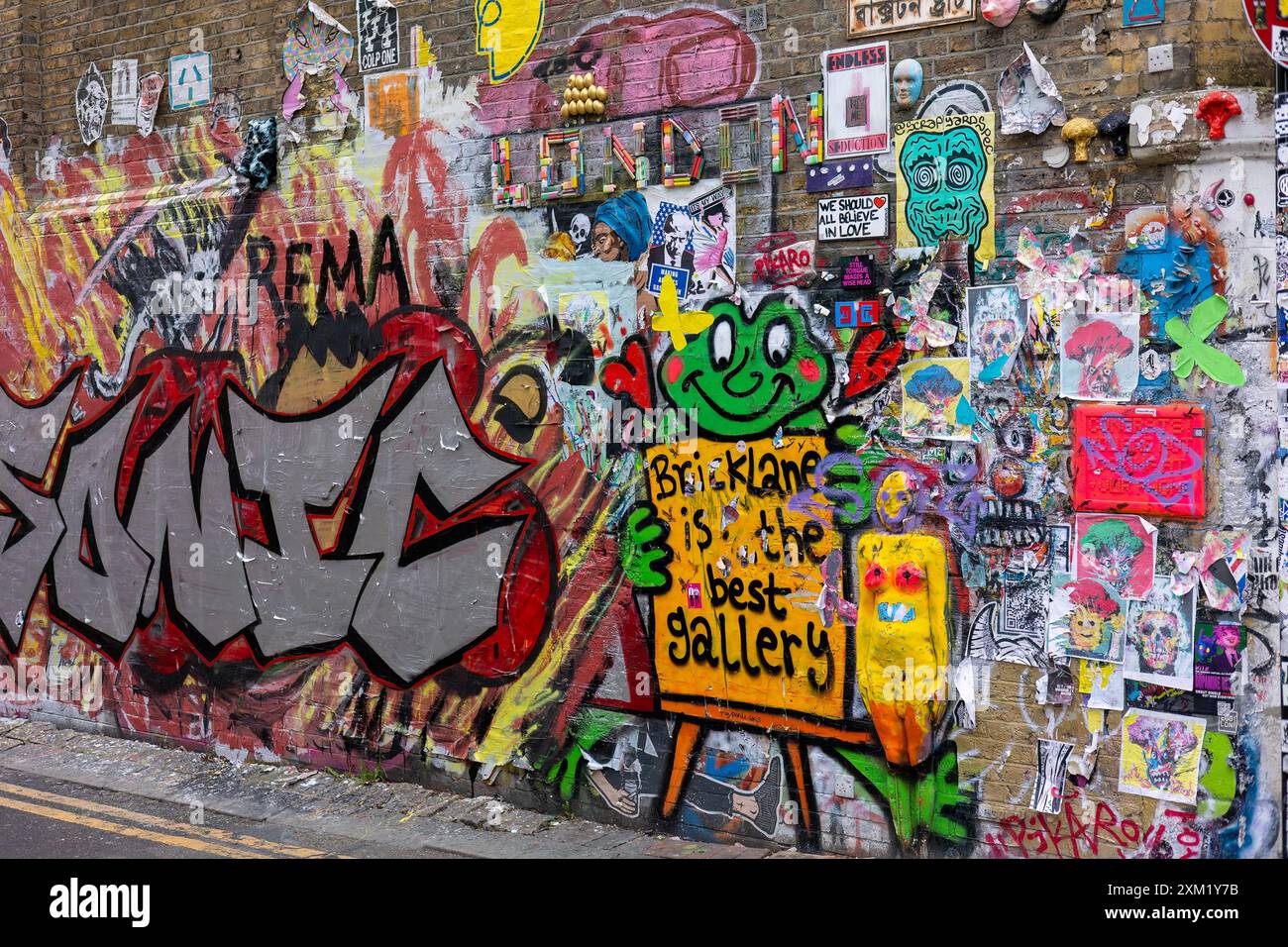 Muraglia di graffiti Buxton Street, Spitalfields, Londra Foto Stock