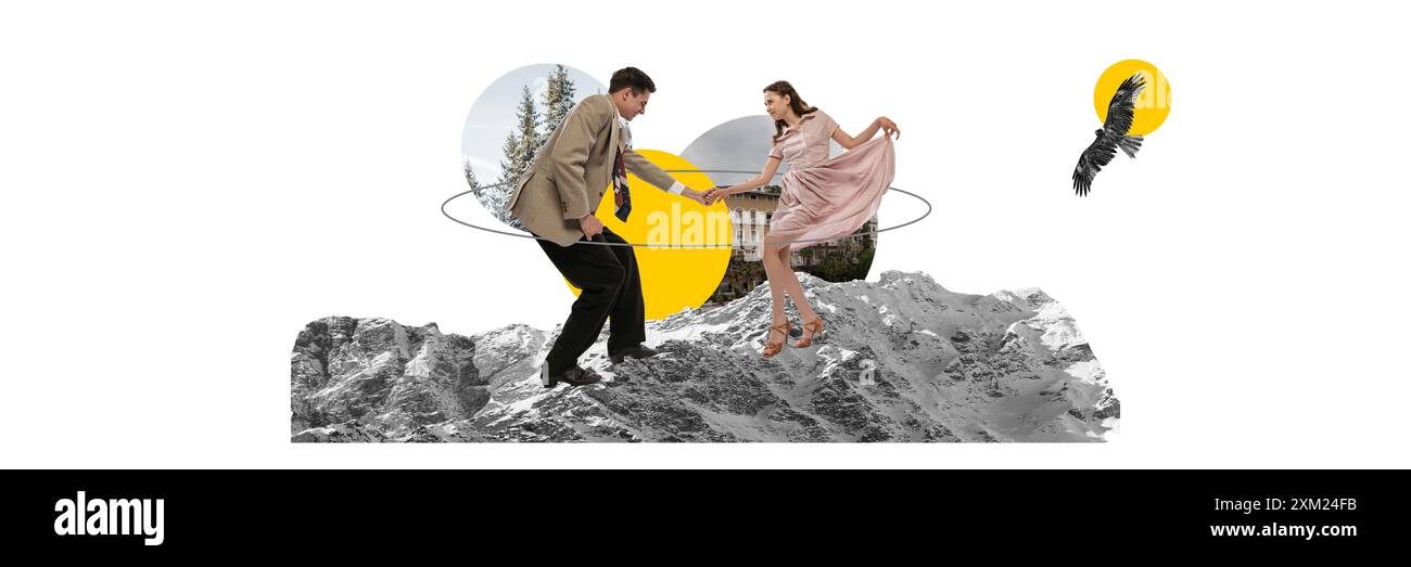 Uomo e donna in abiti retrò che ballano sullo sfondo delle montagne con alberi ed elementi edili. Danza dinamica e paesaggi maestosi Foto Stock