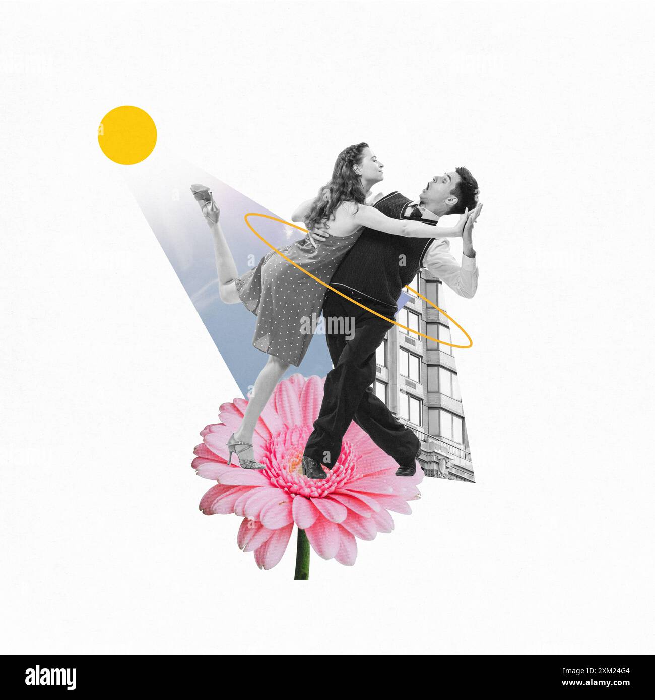 Uomo e donna, coppia che ballano su un gigantesco fiore rosa, incorniciata da edifici cittadini e da un sole, mescolando energia urbana con stile di danza retrò. Arte contemporanea Foto Stock