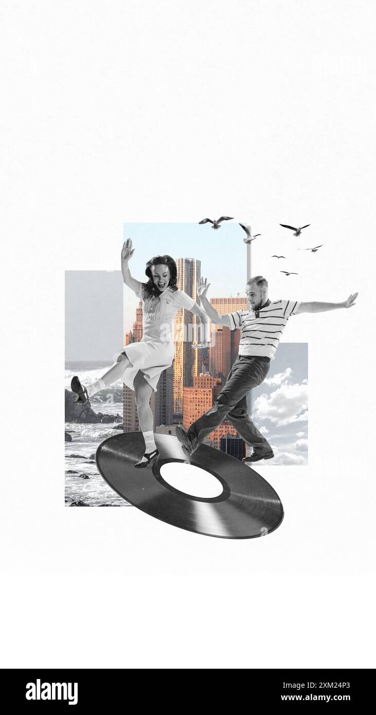 Coppia artistica, uomo e donna in abiti retrò che ballano con un'atmosfera positiva contro la natura e il paesaggio urbano. Collage d'arte contemporanea. Foto Stock