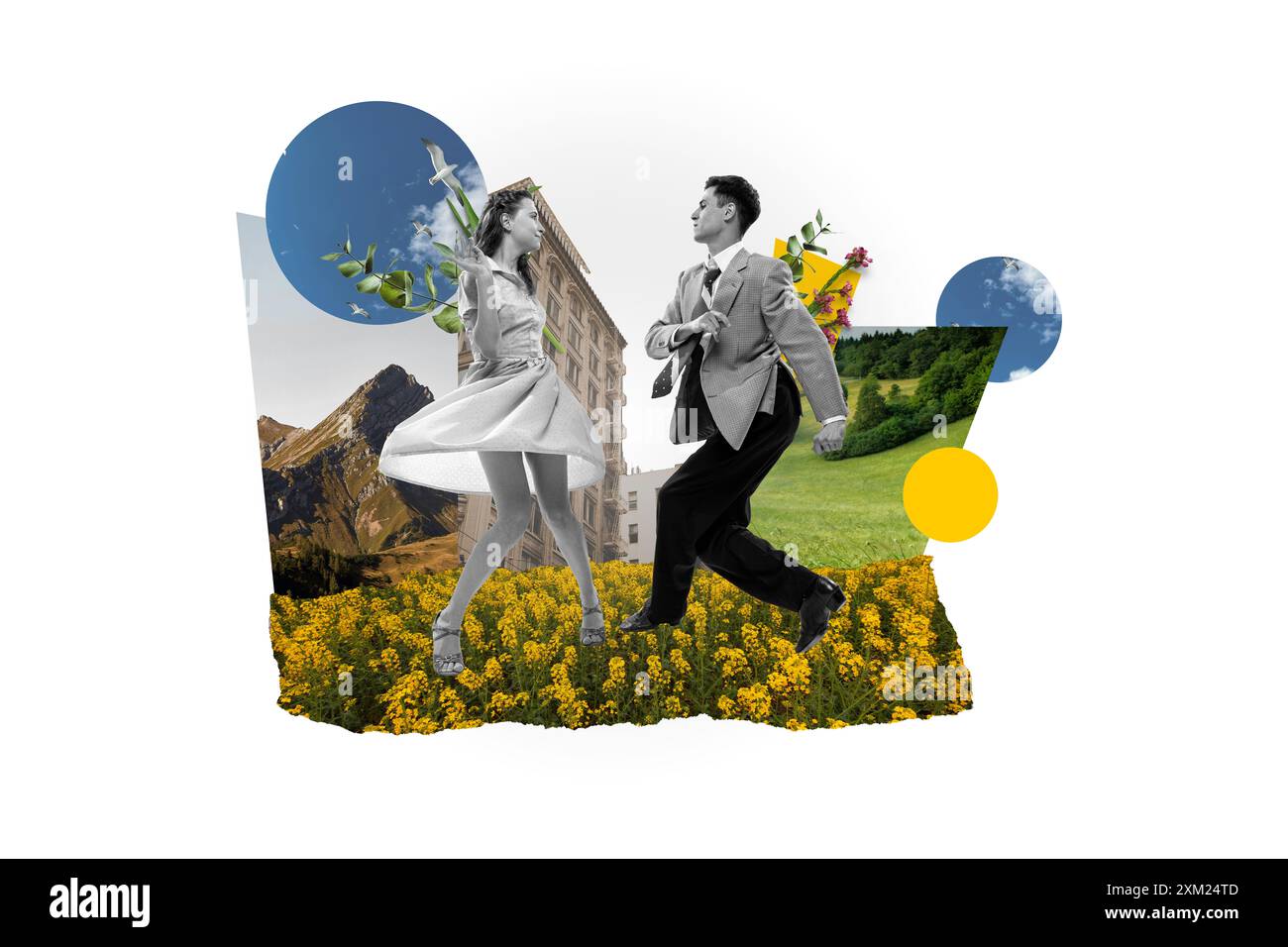 Uomo e donna eleganti in un abbigliamento retrò che danzano sul campo, sul prato e sullo sfondo di edifici. Collage d'arte contemporanea. Foto Stock