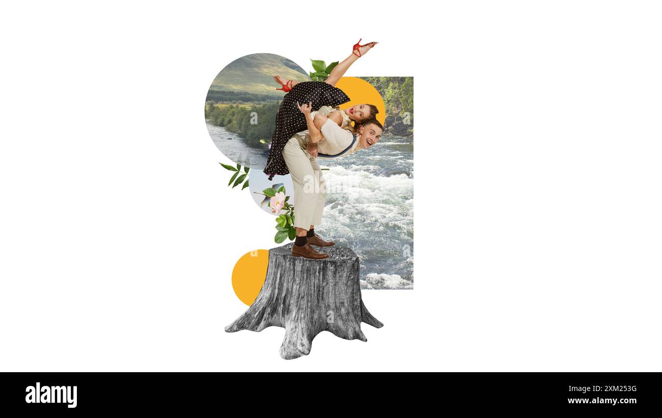 Una coppia di danzanti allegra che si allena su un ceppo d'albero, con un fiume che scorre e colline lussureggianti dietro di loro. Eleganza della danza ed energia della natura. Arte contemporanea Foto Stock