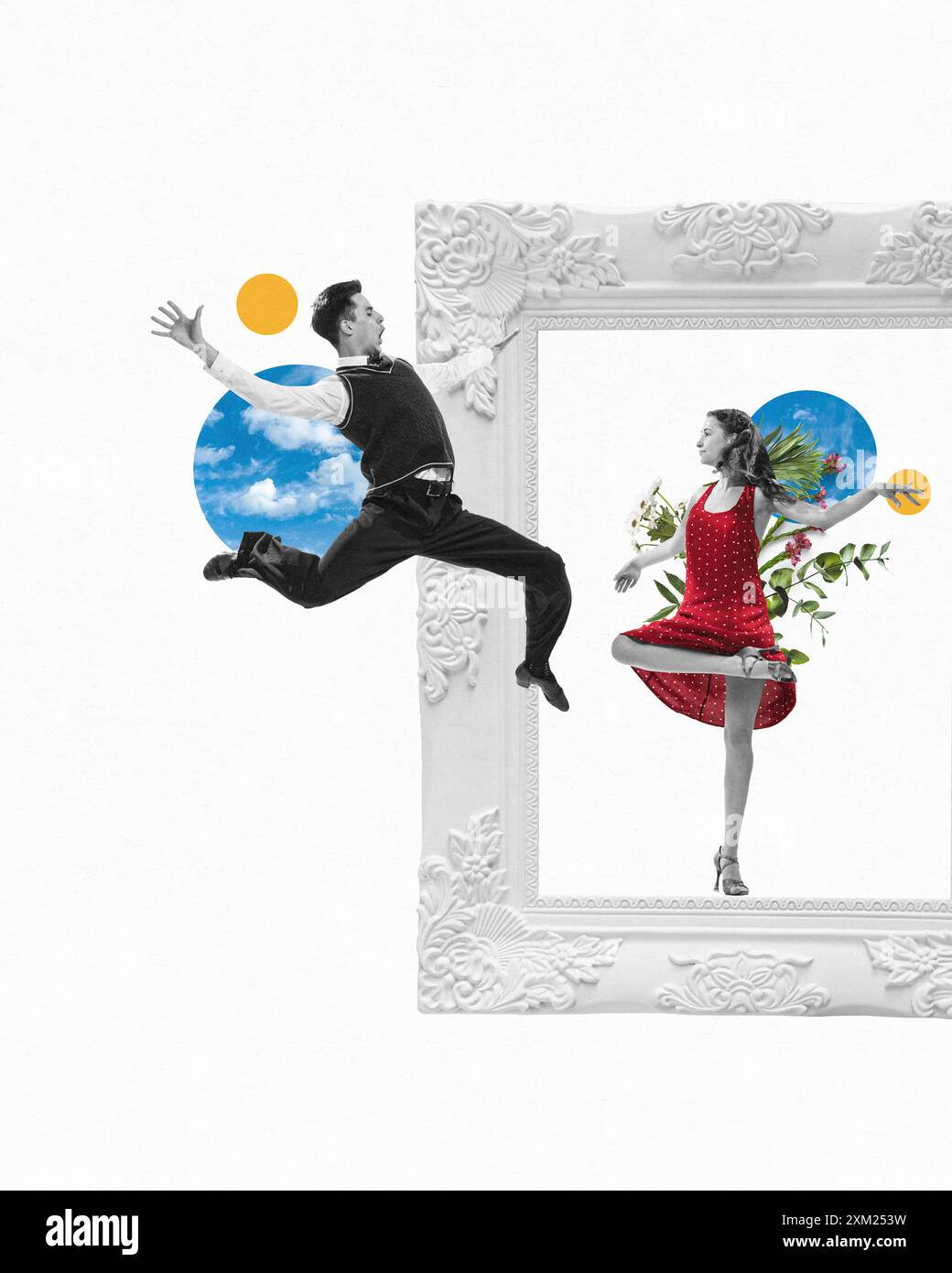 Uomo e donna che ballano con cornice circondata da cielo e verde, mescolando arte, movimento e natura senza soluzione di continuità. Collage d'arte contemporanea. Foto Stock