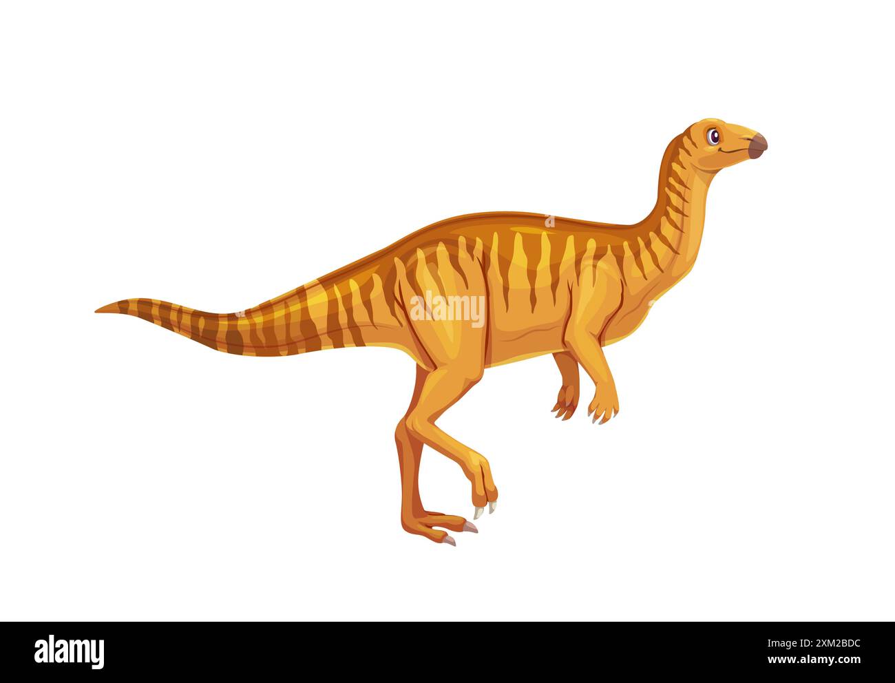 Dryosaurus dinosauro preistorico. Personaggio di animale dino erbivoro voro vettoriale del cartone animato isolato con coda e collo lunghi, pelle arancione e strisce gialle st Illustrazione Vettoriale