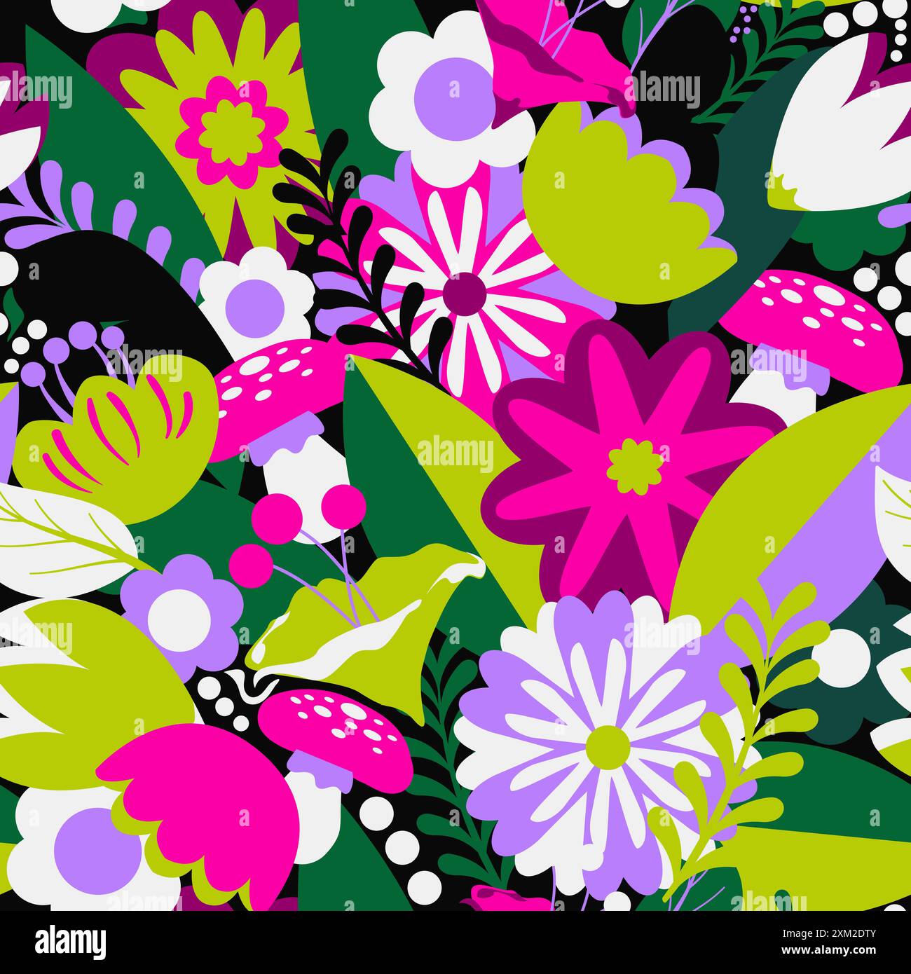 Motivo floreale senza cuciture. Colori primaverili, vegetazione varia, funghi nascosti, foglie e molti fiori. Illustrazione Vettoriale