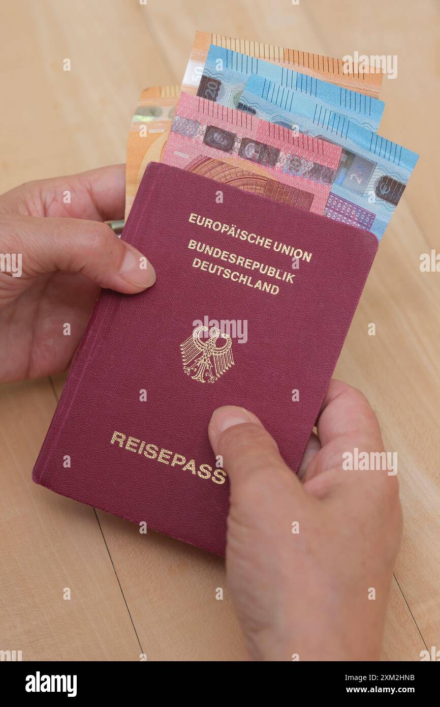 Hand hŠlt einen deutschen Reisepass und Euroscheine *** Hand possiede un passaporto tedesco e banconote in euro Foto Stock