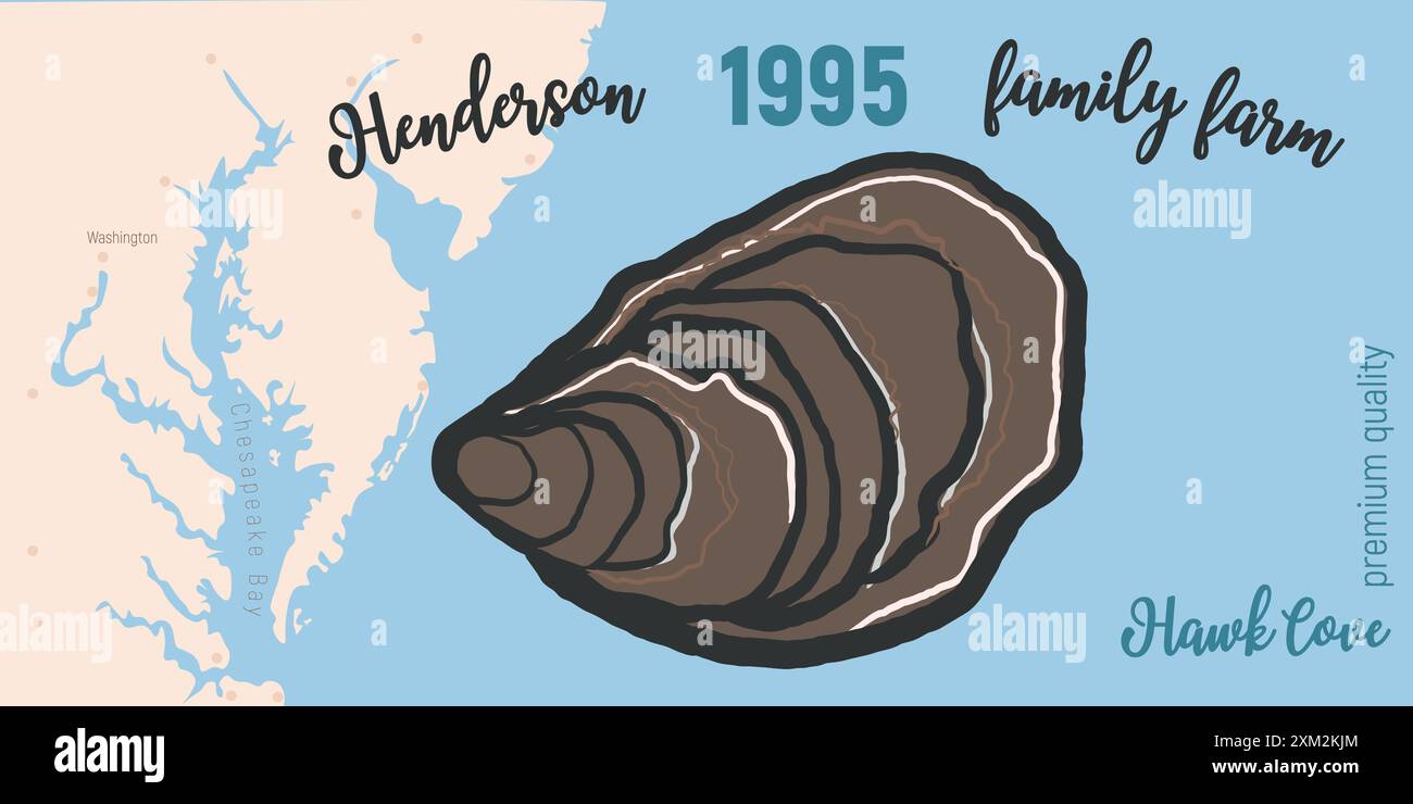 Ostriche con logo sullo sfondo della baia di Chesapeake. Grafica vettoriale di ostriche e mappe. Striscione di design di pesce. Illustrazione Vettoriale