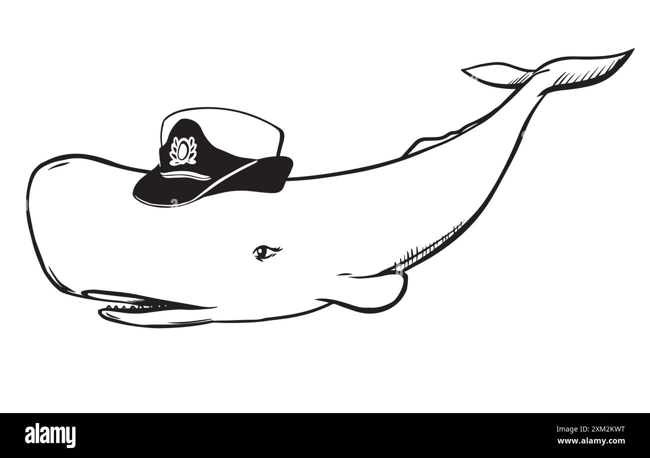 Uno sperma bianco in un berretto navale da donna. Illustrazione creativa di una capodoglio femminile nel ruolo di un funzionario. Caricatura dell'ufficio Illustrazione Vettoriale