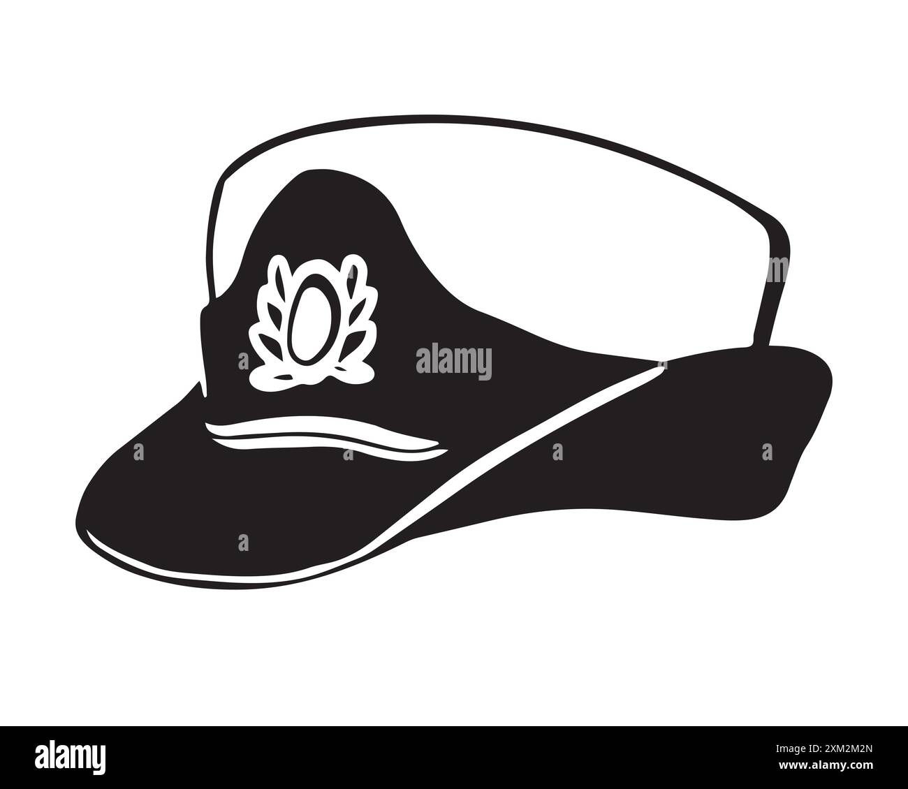 Illustrazione in bianco e nero di un copricapo femminile. Cappellino navale femminile. Illustrazione vettoriale. Un elemento di una uniforme marina femminile. Illustrazione Vettoriale