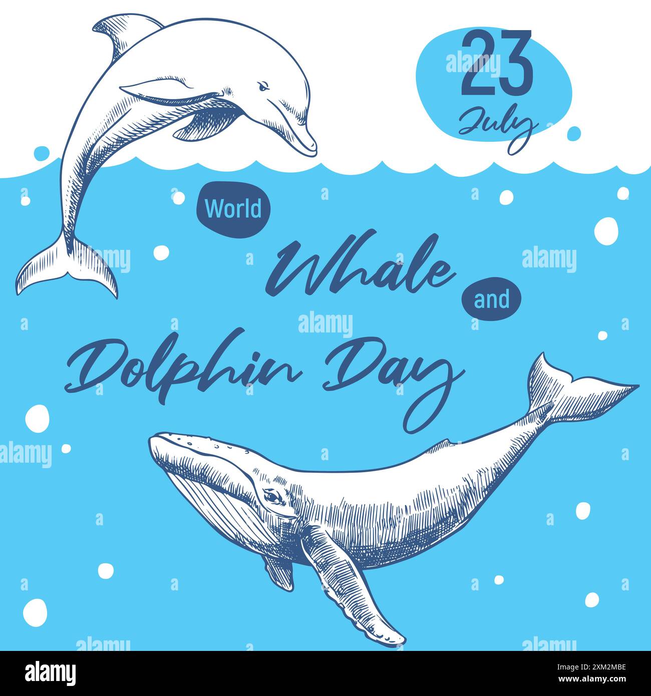 Giornata mondiale delle balene e dei delfini 23 luglio Poster vettoriale. Le balene sono disegnate a mano, tecnica di incisione, disegno della linea. Gli animali marini nuotano nell'oceano Envir Illustrazione Vettoriale