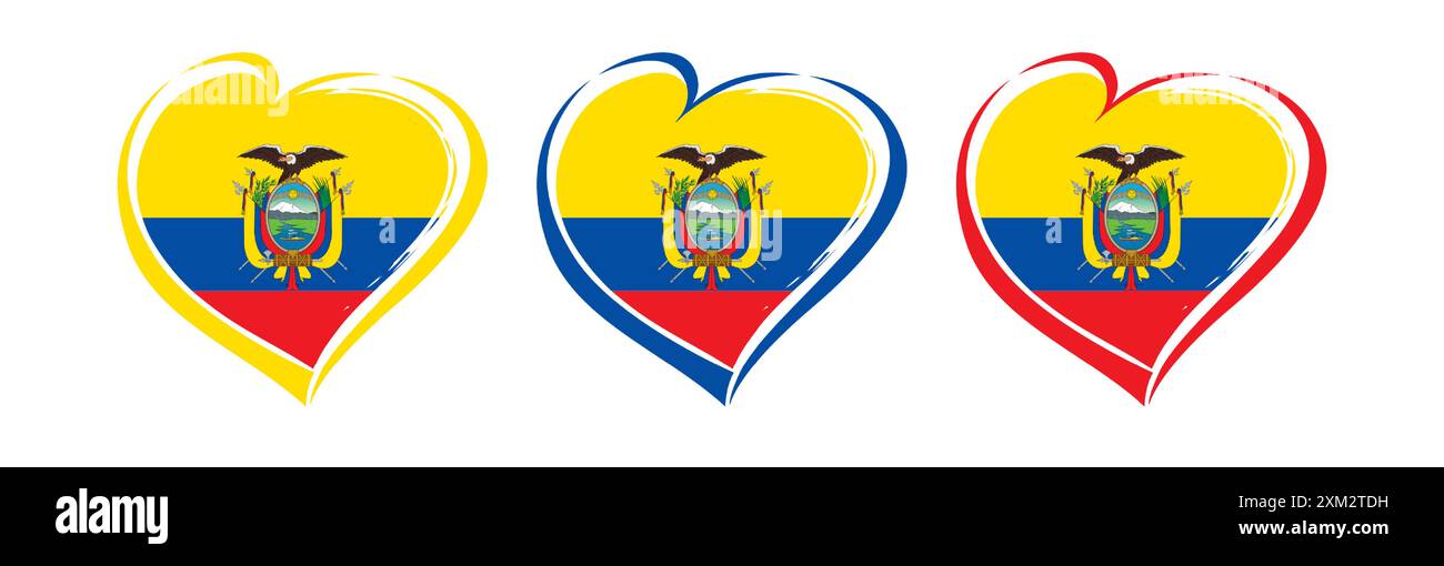 Set di cuori creativi con la bandiera dell'Ecuador e maschera ritagliatrice. Illustrazione digitale disegnata a mano. Design grafico isolato. Identità di branding Illustrazione Vettoriale
