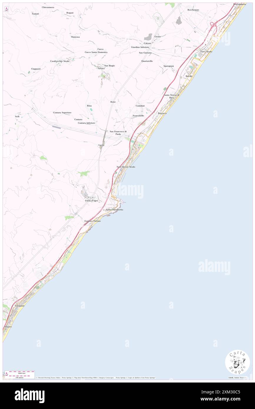 Capo Sant'Alessio, IT, Italia, Sicilia, N 37 55' 0'', N 15 20' 59'', MAP, Cartascapes Map pubblicata nel 2024. Esplora Cartascapes, una mappa che rivela i diversi paesaggi, culture ed ecosistemi della Terra. Viaggia attraverso il tempo e lo spazio, scoprendo l'interconnessione del passato, del presente e del futuro del nostro pianeta. Foto Stock