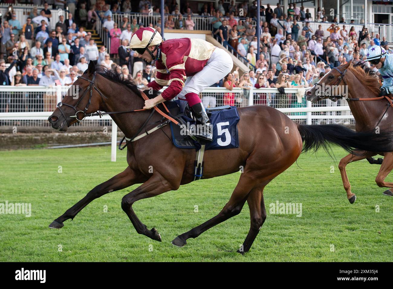 Windsor, Berkshire, Regno Unito. 22 luglio 2024. Horse Ruff Justice guidato dal fantino Edward Greatrex vince il Download the Raceday Ready App Nursery handicap Stakes presso il Royal Windsor Racecourse di Windsor, Berkshire. Proprietario Jim and Claire Limited, Trainer Warren GRetrex, Upper Lambourn, allevatore A H Bennett, Sponsor 1Account Ltd Crediti: Maureen McLean/Alamy Foto Stock