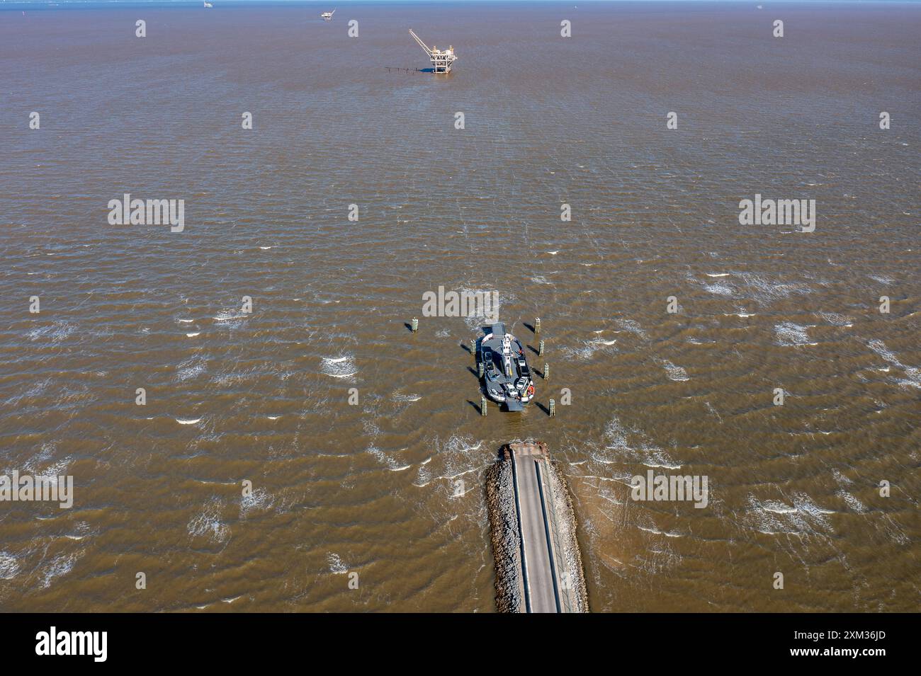 Immagini del Mobile Bay Ferry - Fort Morgan Landing in forte vento. Il traghetto di Mobile Bay attraversa la splendida Mobile Bay, Alabama, e collega la SR 1 Foto Stock
