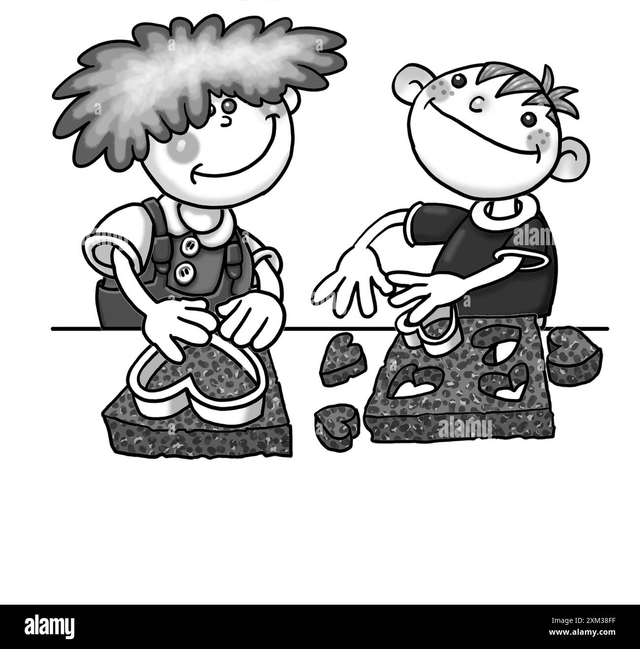 Arte in bianco e nero, cucine in età prescolare insieme, imparare a cucinare, cuocere con forbici a forma di cuore, impasto, cottura, sequenza di cottura 1 di 6 Foto Stock