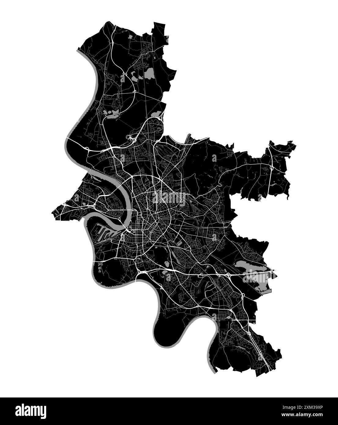 Mappa di Dusseldorf, Germania. Mappa vettoriale dettagliata della città, area metropolitana con confine. Mappa stradale in bianco e nero con strade e acqua. Illustrazione Vettoriale