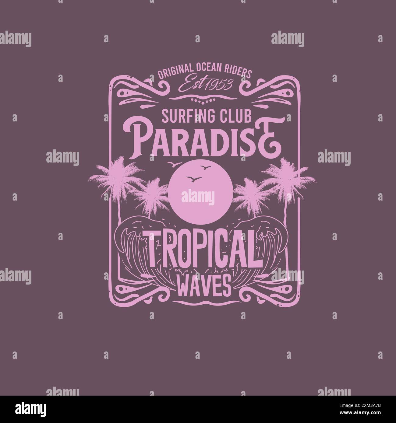 Surf Paradise, onde tropicali, tipografia, design da spiaggia estivo vintage retrò Illustrazione Vettoriale