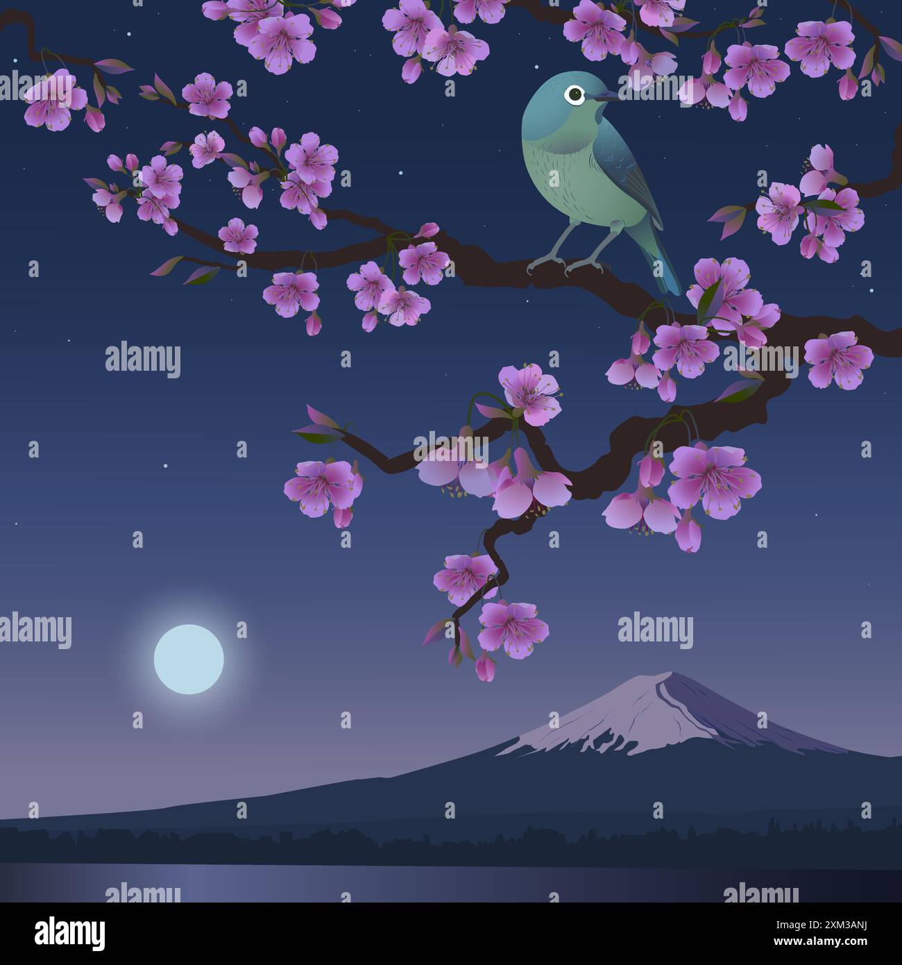 Grafica realistica di Uguisu e Sakura sullo sfondo di Fuji. Nightingale giapponese su un ramo di ciliegie in fiore. Illustrazione vettoriale della boccola Illustrazione Vettoriale