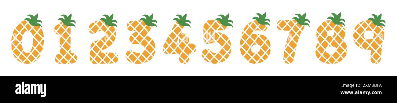Calligrafia numerica con un motivo di pelle di ananas gialla, griglia bianca e foglie verdi. Illustrazione Vettoriale