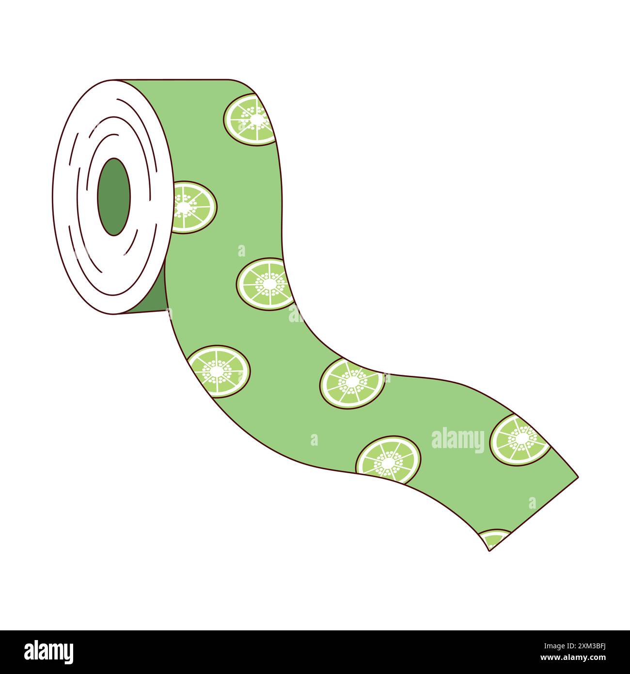 Nastro in rotolo con graziosi ​​kiwi a fette su sfondo verde lime Illustrazione Vettoriale