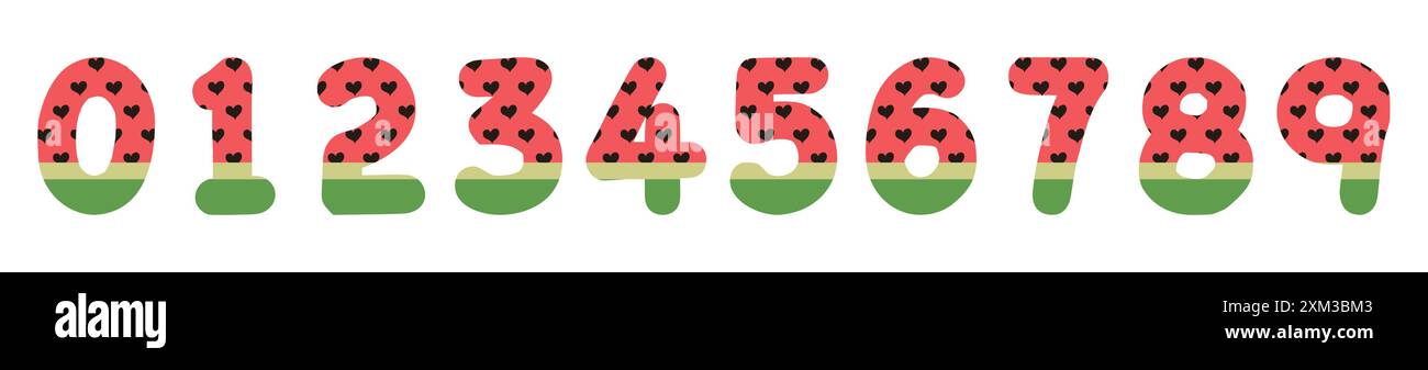 Calligrafia numerica utilizzando la crosta verde, la polpa rossa e i semi neri di anguria Illustrazione Vettoriale