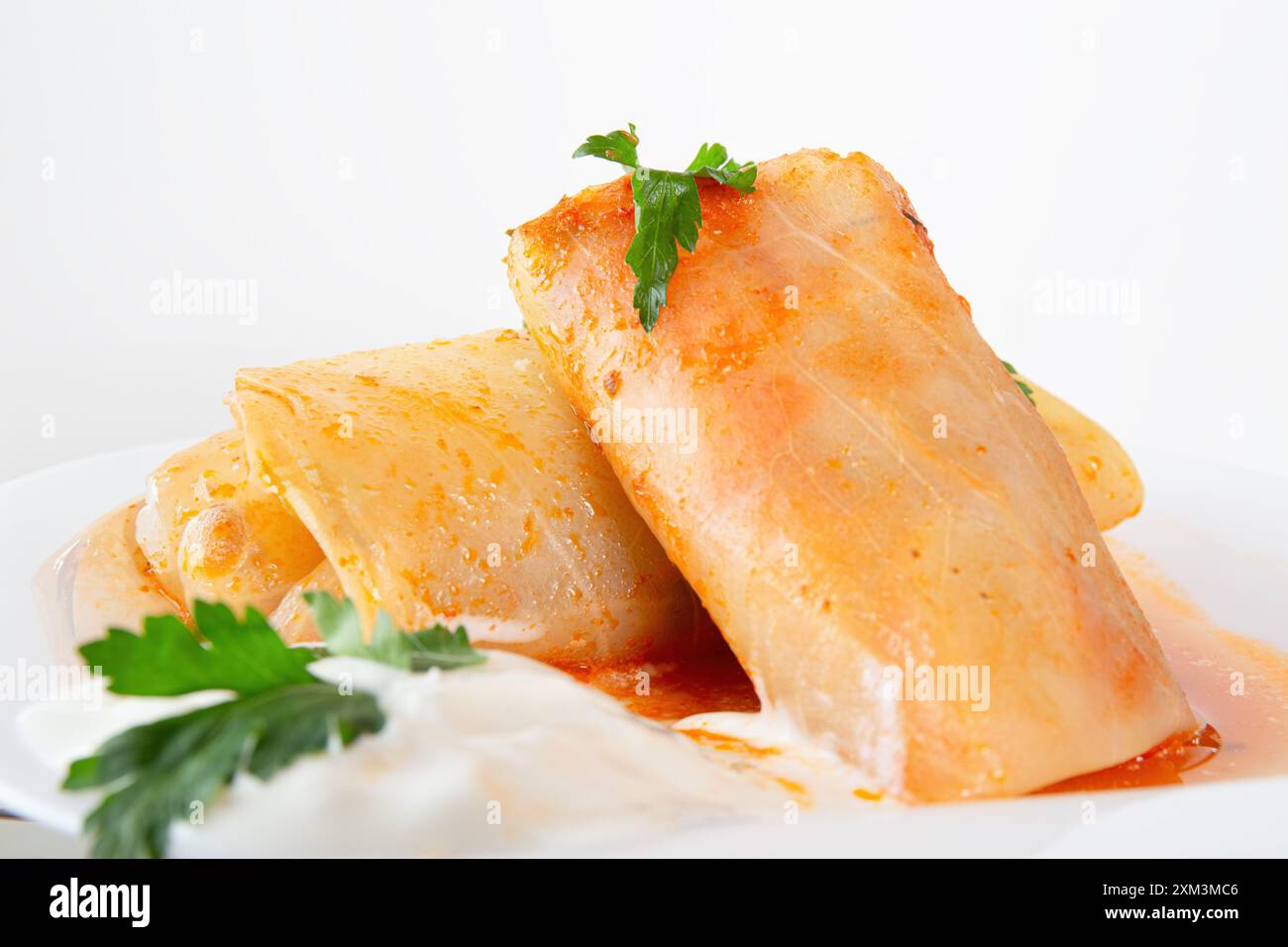 Involtini di cavolo ripieni di manzo e verdure su piatto bianco con prezzemolo e panna acida, ricetta tradizionale portata fatta in casa Foto Stock